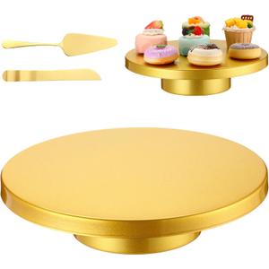 Wenqik 12 Inch Metal Gold Cake Stand with Cake Knife and Spatula, Round Dessert Table Display Stand Metal Dessert Tray Serving Platter for Party, Wedding, Birthday, Baby Shower, Anniversary
