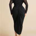 WDIRARA Women's Plus Size Off Shoulder Bodycon Dress Mesh Long Sleeve Ruched Split Midi Dresses (Black, XXXL)