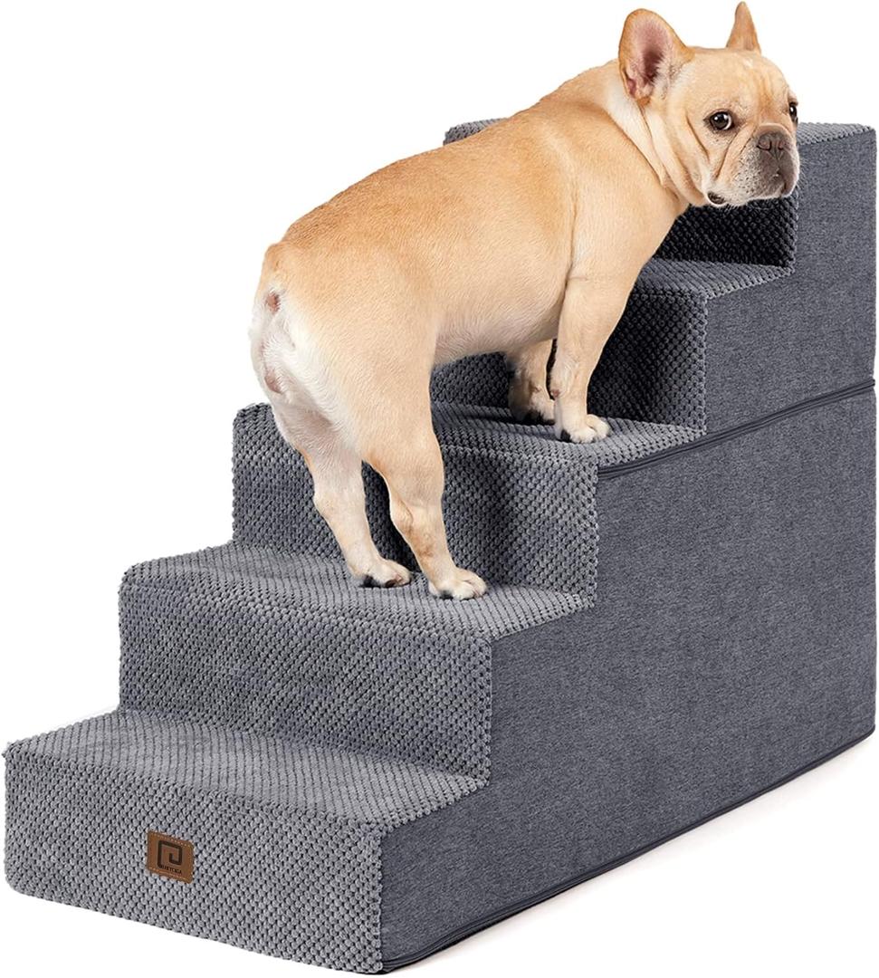 EHEYCIGA Dog Stairs for High Bed 5-Step Dog Steps for Bed, Pet Steps for Small Dogs and Cats, Non-Slip Balanced Pet Ramp Indoor, Gray, 5 , Standard 15.7" x 30" x 22.5"