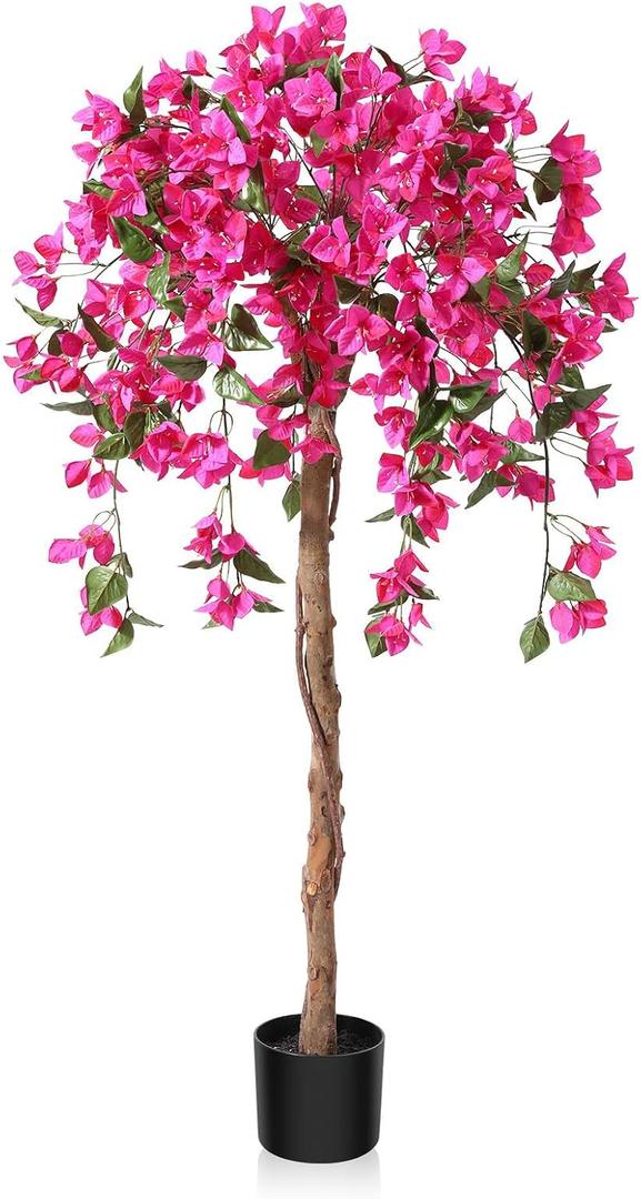 Laiwot 4FT Artificial Tree Tall Potted Fake Bougainvillea Trees for Outdoor Indoor Office Wedding Home Decor Lifelike Faux Plants with Wood Trunk and Pink Flowers