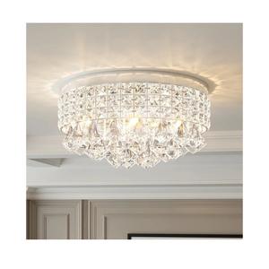 Maxax 4 Lights Crystal Chandelier, Modern Drum Ceiling Light Fixture Lamp, Raindrop Flush Mount Round Metal Shade, for Dining Room, Living Room, Bathroom, Bedroom, Chrome