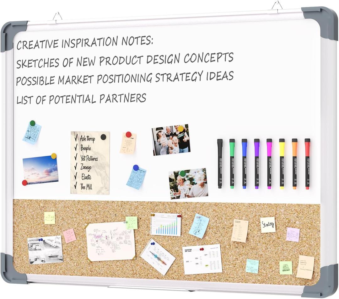 White Board Cork Board Combo, 2418 inch for Office, Home, School, Vision Board, Pin Bulletin, Markers, Eraser, Magnets, Pins (Horizontal)