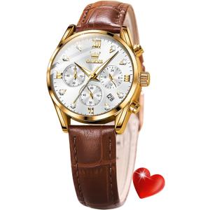 OLEVS Women Watch Brown Leather Straps Ladies Rose Gold Elegant Luxury Dress Chronograph Waterproof Wrist Watch Date Day
