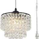 8" Chandelier Plug in Crystal Chandelier Pendant Light Plug in with 16.4ft Cord Hanging Lights 3-Tier Crystal Raindrop Chandeliers for Bedroom Kitchen Island Hallway Bathroom Closet (Black)