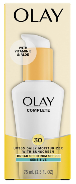 Olay Face Moisturizer, Complete with Sunscreen SPF 30, Fragrance-Free for Sensistive Skin, Broad Spectrum Sun Protection, Long-Lasting Hydration, Non-Comedogenic - Vitamin E & Aloe - 2.5 Oz