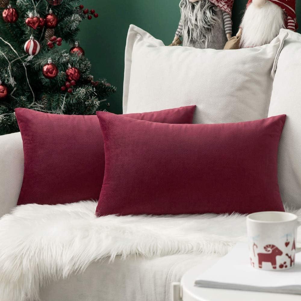 MIULEE Pack of 2 Velvet Soft Solid Christmas Decorative Lumbar Rectangle Throw Pillow Covers Cushion Case Home Decor for Sofa Couch Bedroom Car 12x20 Inch Wine Red