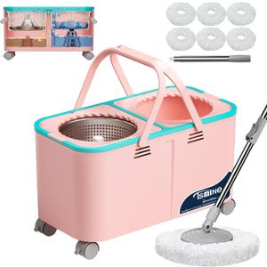 RinseWise Easy-Use Gen 2 Mop Bucket, Clean/Dirty Water Separation, Pink | 1.5 Gal Clean-Water Capacity, 6 Reusable Heads, 4 Swivel Wheels, 61-Inch Handle, For Apartments, Hardwood & Tile Floors