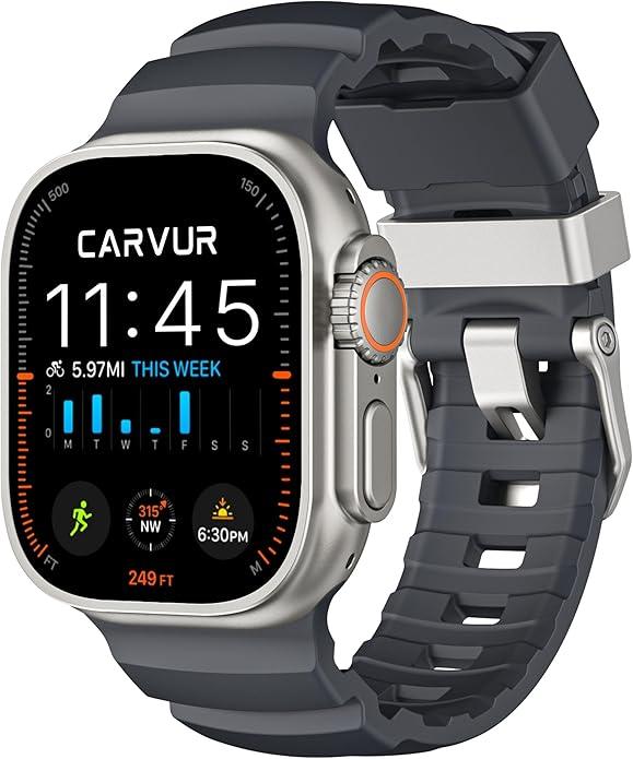 CARVUR FKM Watch Band F10  Premium Rubber Strap for Apple Watch  Trail & Sport Band  Lightweight, Rugged, Sweat & Water Resistant Wristband (Graphite | Silver Hardware)