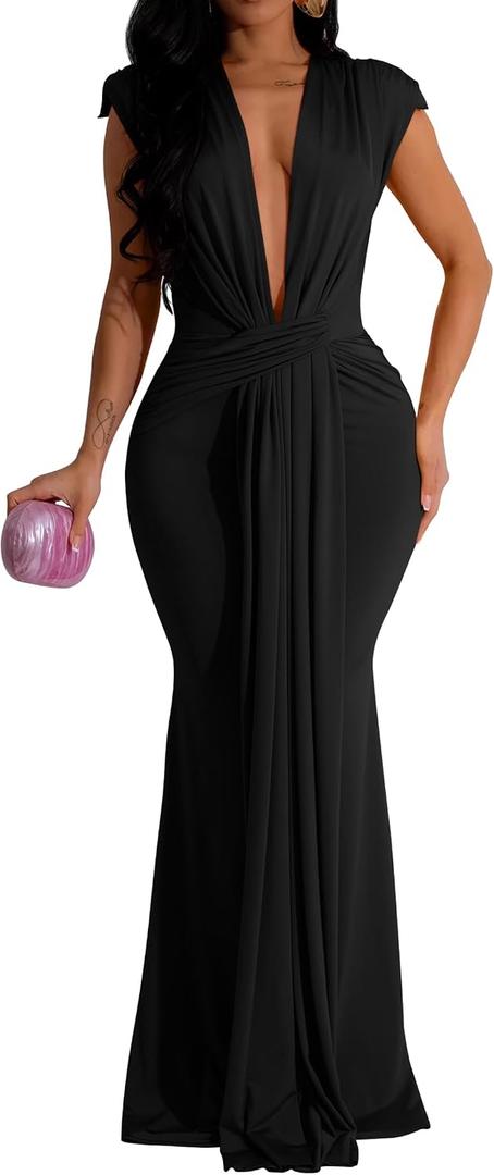 Memoriesea Women's Elegant Sleeveless Deep V Neck Bodycon Party Evening Gown Maxi Dress (Black, M)