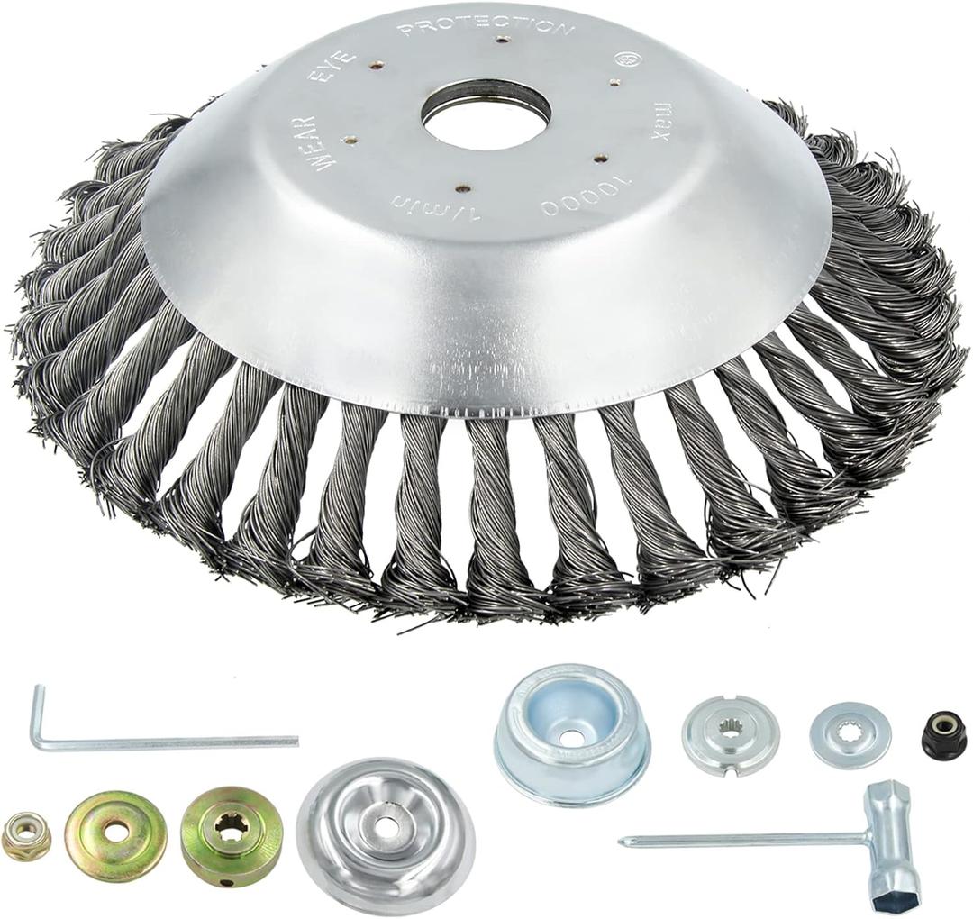 8'' Steel Wire Wheel Brush Weed Trimmer Head for Most Straight-Shaft String Trimmer & Brush Cutter & Weed Eater & Weed Wacker (with 2 Kinds of Blade Adapter Kit)
