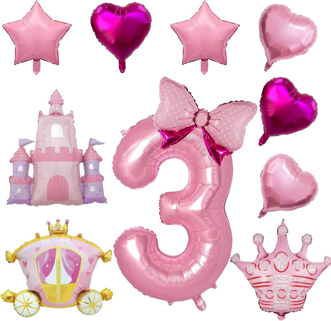 10 Pcs Princess Balloons for Birthday Party, 40 Inch Large Pink Number 3 and Crown Foil Balloons with Castle Carriage Balloon for 3rd Girl Princess Royal Birthday Party