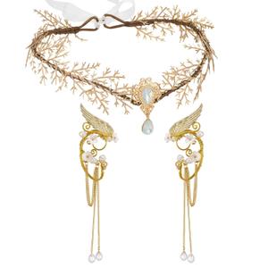SWEETV Fairy Flower Hairband with Elf Ears, Halloween Fairy Headpiece for Women, Leaf Elf Circlet with Wings Cuff Earrings, Leaf Hairband Set for Photoshoot Cosplay Party (Gold)