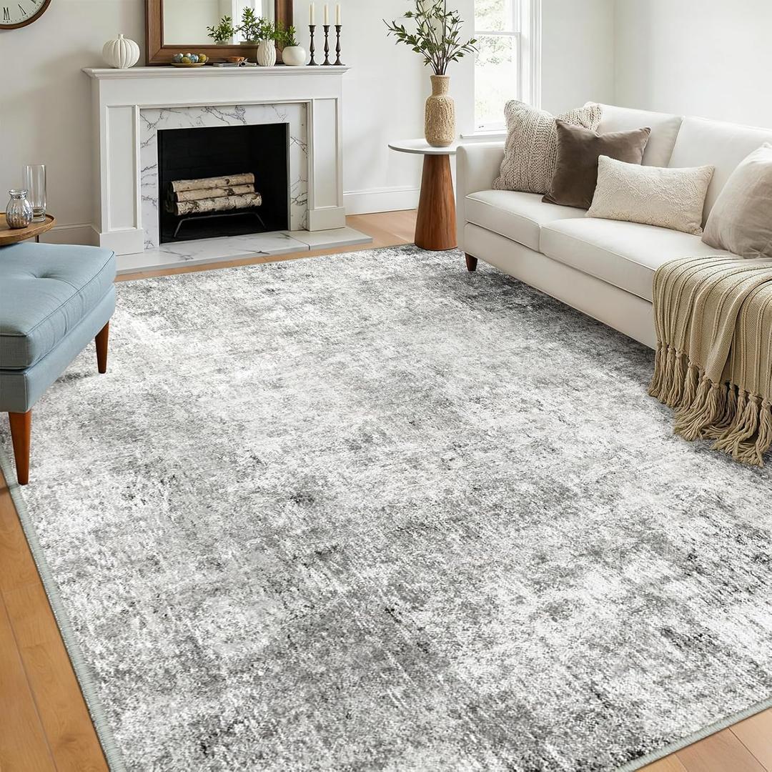 Washable Area Rugs 8'x10' Non-Slip Modern Abstract Soft for Living Room Entryway Bedroom Nursery, Print Pattern, Gray White Grey