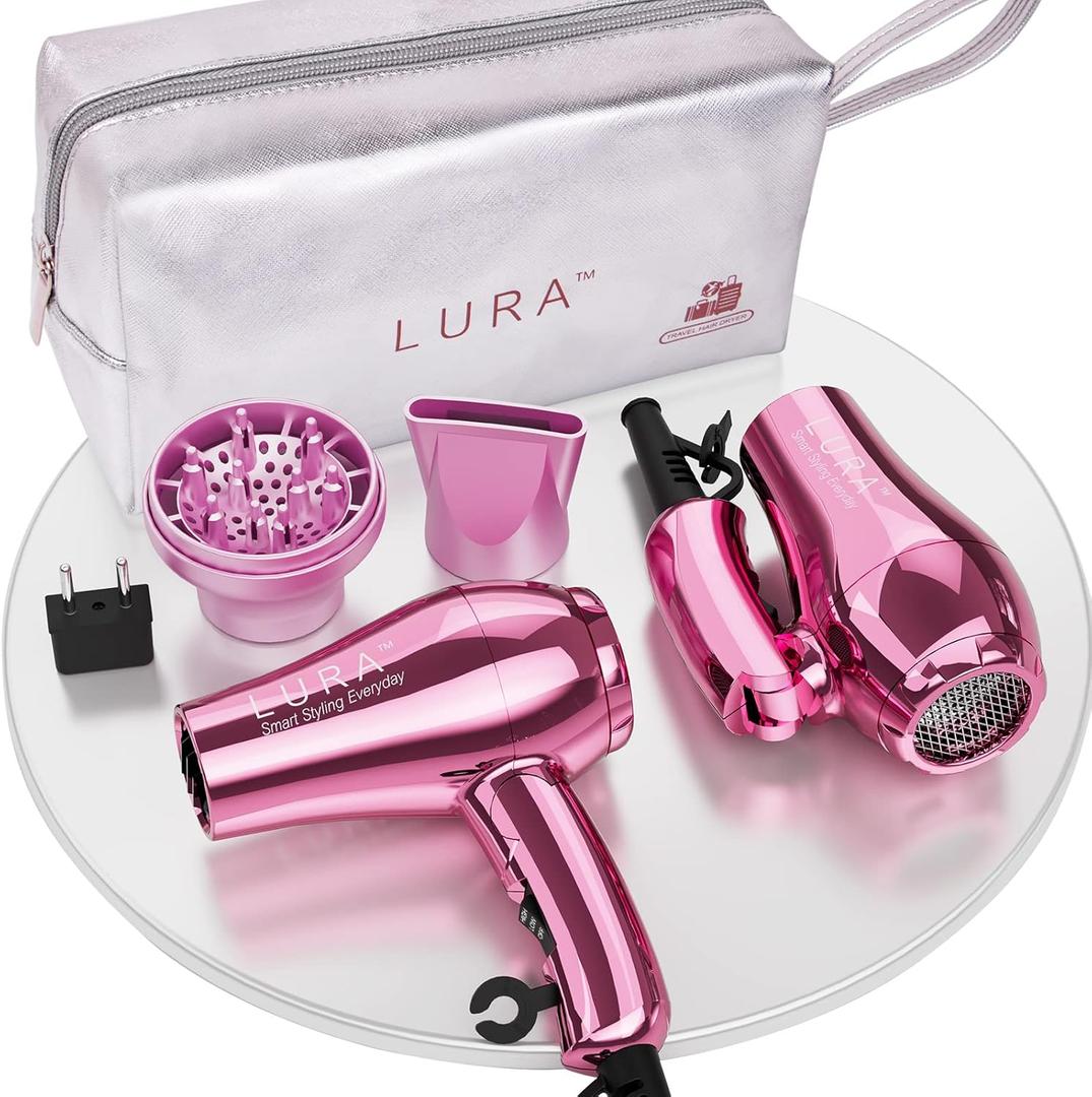 LURA Mini Portable Travel Hair Dryer:Dual Voltage Small Lightweight Blow Dryer with EU Plug,1200W Compact Hairdryer with Folding Handle,with Concentrator&Diffuser Attachment,for Women and Men