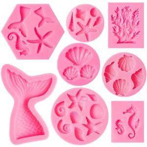 Elfkitwang Marine Theme Fondant Silicone Mold, Seashell, conch, Mermaid Tail, Seahorse, starfish, coral, DIY Handmade Baking Tools for Mermaid Theme Cake Decoration