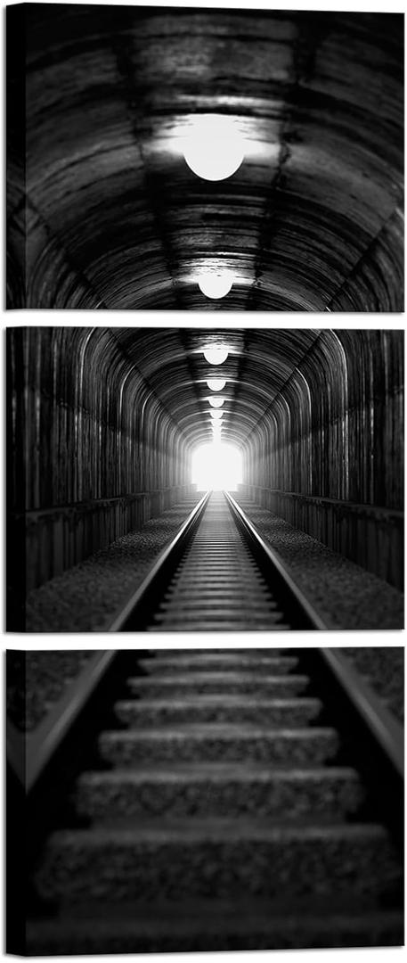 Nachic Wall Black and White Tunnel Wall Art Train Track Canvas Prints Industrial Railway Decor for Living Room Bedroom Office, Small