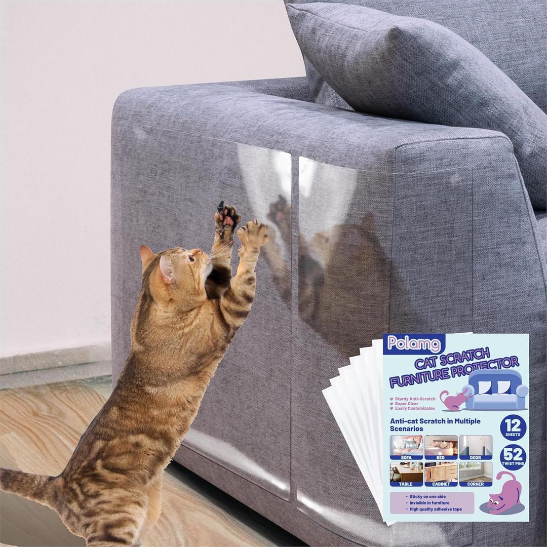 Anti-Cat Scratch Furniture Protector-12-Pack Single-Sided, Heavy-Duty Self-Adhesive Tape, No-Residue for Couch, Doors & Walls - with 52 Twist Pins