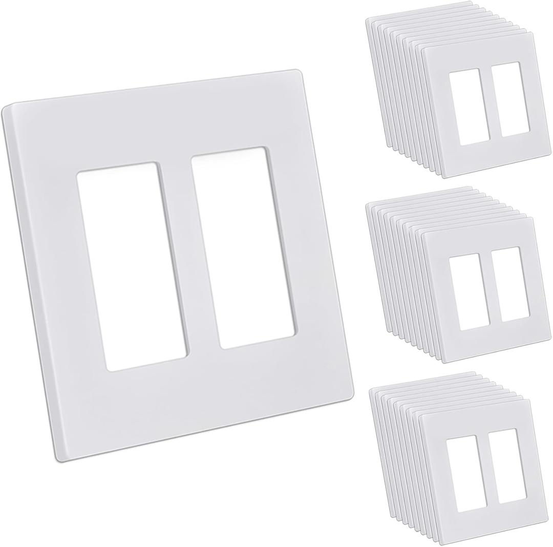 CML 2 Gang Screwless Decorator Wall Plate, Double Outlet Covers, 30 Pack Decorative Light Switch Plates, Hidden Screw Smooth Face, Standard Size 4.68 X 4.72, UL Listed, White