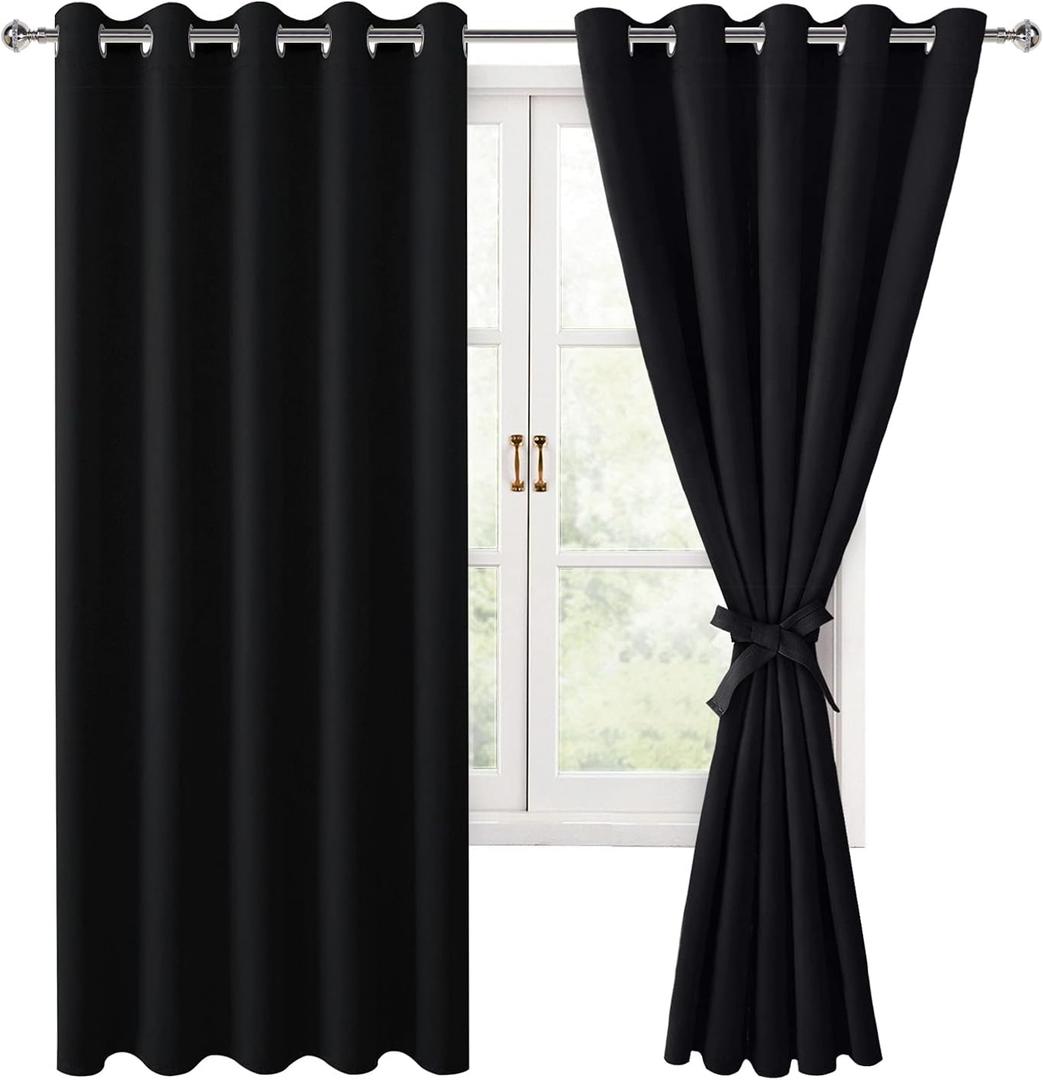 Hiasan Grommet Blackout Curtains for Bedroom, 60 x 72 Inches - Thermal Insulated & Noise reducing Window Drapes for Living Room/Dorm Room, Set of 2 Panels Sewn with Tiebacks, Black