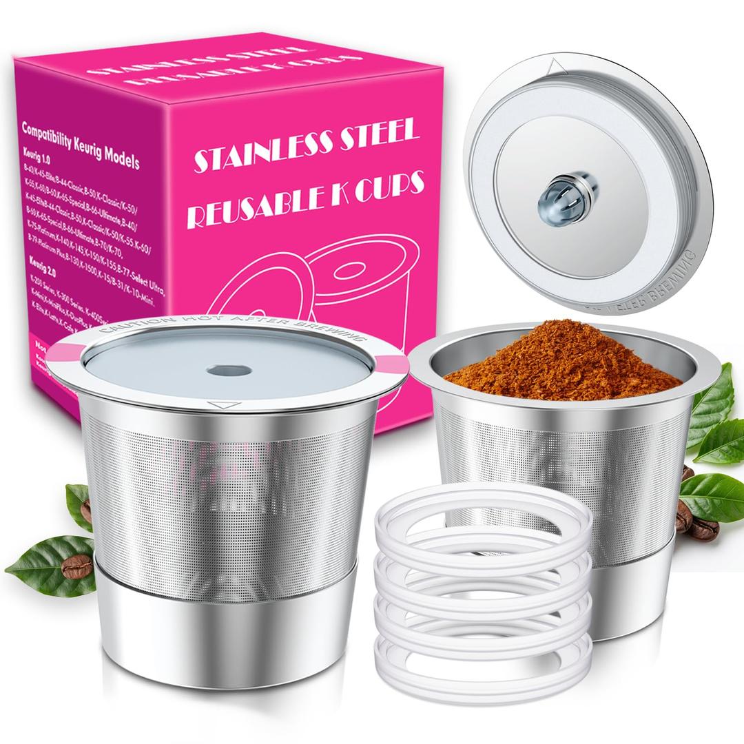 Reusable K Cups for K eurig 1.0 & 2.0 Coffee Makers, 1-Hole Stainless Steel Reusable Coffee Pods, Refillable K Cup Filter for K-Mini/Express/Classic/Elite, Leak Proof, BPA Free, Easy to Clean, 2 Pack
