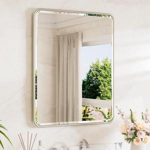 TETOTE Brushed Nickel Bathroom Mirror 24 x 30 Beveled Edge Tempered Glass, Rounded Corner Rectangle Bathroom Mirror for Over Sink for Modern Bathroom, Living Room, Bedroom, Entryway