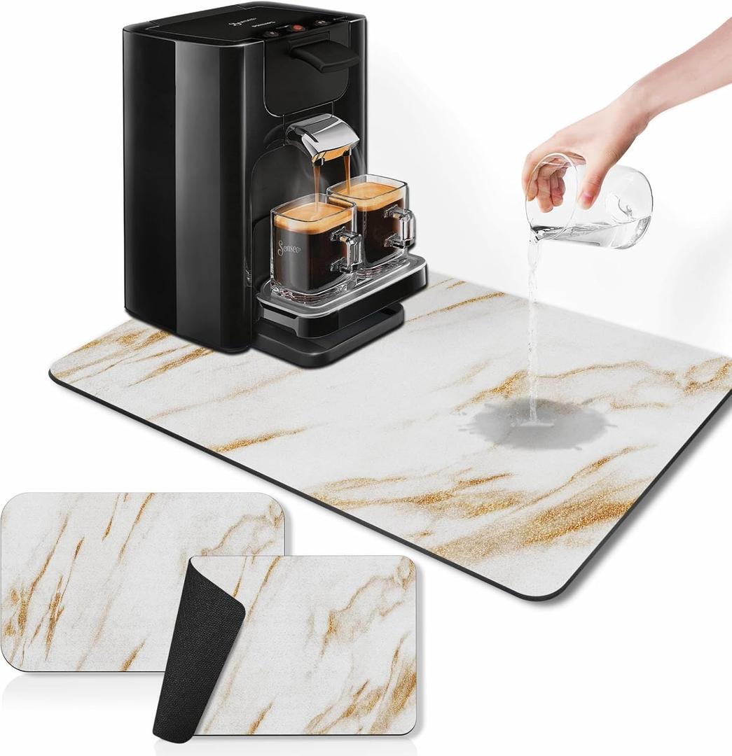 Arttown Coffee Mat for Countertops, Marble White Gold Dish Drying Mat 2 Pcs for Kitchen Bar Accessories, Fit Under Coffee Maker Espresso Machine Dish Rack Hide Stain Rubber Backed 12x19in