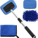 5 PCS Windshield Cleaning Tools, 18 inch Microfiber Car Window Cleaning Tool with Extendable Handle, Auto Interior Exterior Glass Wiper Car Glass Cleaner Kit with Microfiber Bonnet Pads and Cloth