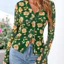 BTFBM Button Down Shirts for Women 2026 Spring Boho Tops V Neck Long Sleeve Blouses Ruched Mesh Fitted Fashion Clothing (Green, XXL)