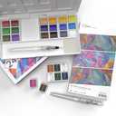 GenCrafts Watercolor Palette with Paper Pad 24 Premium Colors - 2 Refilable Water Brush Pens - 15 Sheets of Water Color Paper - Portable Painting