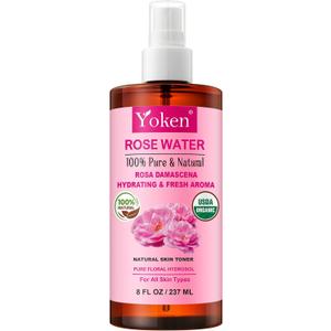 Yoken Organic Rose Water Spray for Face, 8 Fl Oz Fine Mist, Rosewater Face Mist with 100% Pure & Natural Rosa Damascena Rose Hydrosol, USDA Certified Organic, Alcohol Free, Vegan, No Dyes