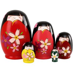 Moonmo 5pcs Beautiful Handmade Wooden Japanese Girl Russia Nesting Dolls Gift Russian Nesting Wishing Dolls Matryoshka Traditional