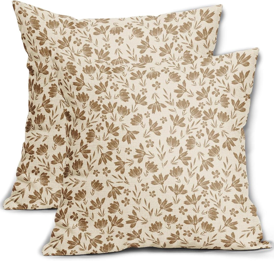 Brown Floral Pillow Covers 18x18 Set of 2 Vintage Rustic Old Style Cute Small Flower Brown Cream Print Decorative Outdoor Pillowcases Farmhouse Throw Cushion Case Decor for Couch Sofa Bed