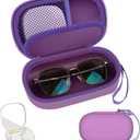 Portable 2 in 1 Contact Lens Case and Glasses Case, Traveling Contact Cases Bag Box Holder with Soak Storage Kit Included Built-in Mirror, Tweezer, Contact Lens Solution Bottle and Hand Strap-Purple
