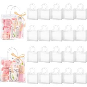 Mauproy 20 Pack Clear Plastic Gift Bags with Handles, Party Favor Bags with Ribbons and Tags, Reusable Goodie Tote Bags for Valentine's Day Wedding Baby Shower (9.8 x 9.8 x 3.5")