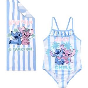 Disney Lilo and Stitch Girls One Piece Swimsuit Bathing Suit with Pool Beach Towel 20 x 50 Set for Toddler to Big Kids (White, L)