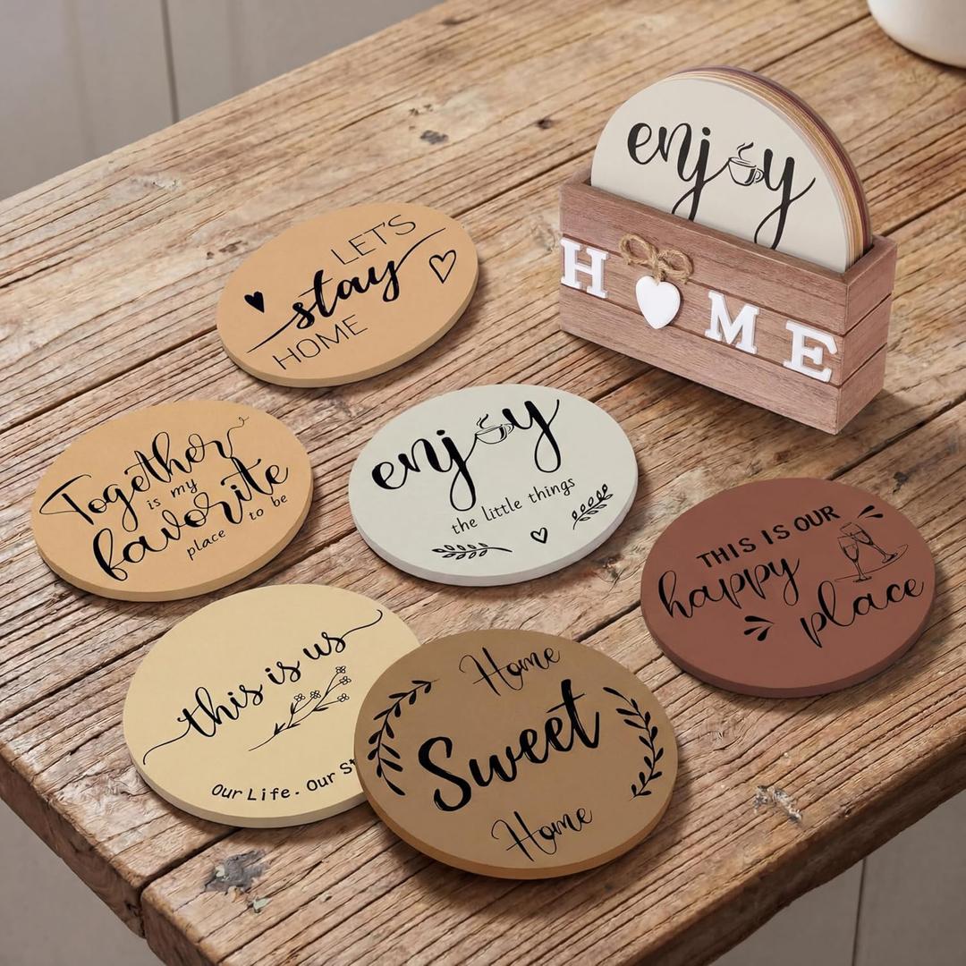 Queekay Trivets Set of 6, 7" Trivets for Hot Dishes Housewarming Gifts New Home, Pots and Pans Farmhouse Trivet Set with Holder Heat Resistant Mat Countertop Protectors for Home Kitchen(Brown)