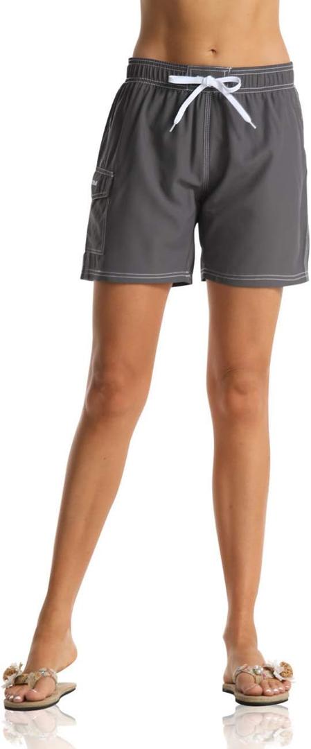 unitop Womens Bathing Boardshorts Swim Shorts Quick Dry with Lining (Large, Gray(side Velcro Pocket))
