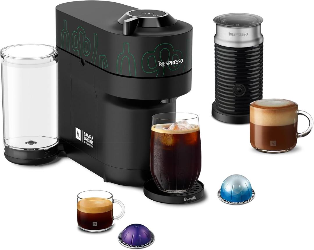 Nespresso Vertuo Pop+ Coffee and Espresso Maker by Breville, Samra Origins by The Weeknd Vertuo Metad Green Machine and Nespresso Aeroccino3 milk frother