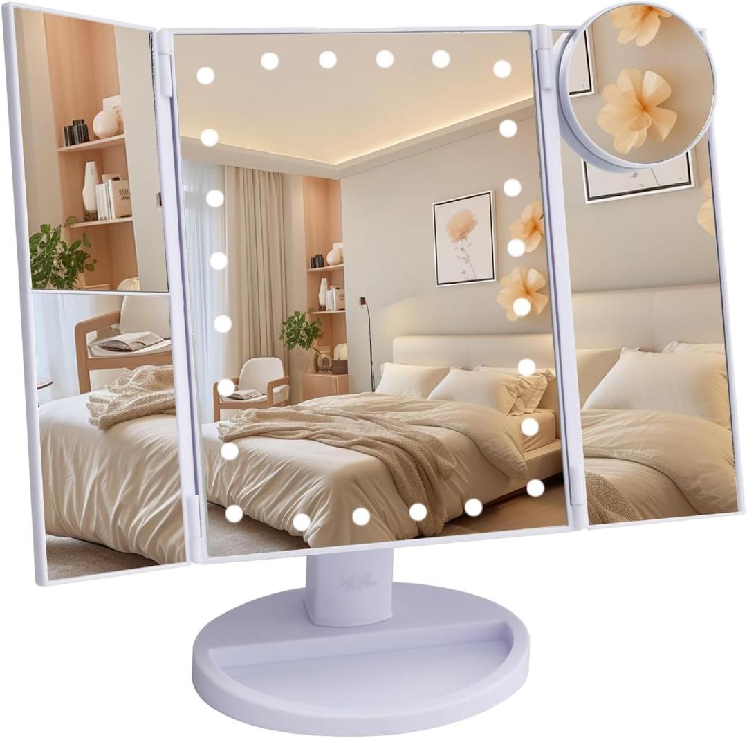 Ms. Pen- Tri-Fold Makeup Mirror Vanity with Lights, 9" x 13.6", 1X/2X/3X/10X Magnification, 24 LED Touch Screen, Dual Power Supply, 180 Rotation, Portable Lighted Cosmetic Mirror for Makeup & Travel