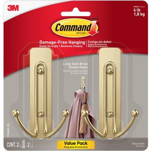 Command Large Satin Brass Double Hooks, 2 Hooks and 2 Strips, Damage-Free Wall Hook with Adhesive Strips, No Tools Coat Hook for Hanging Home Decor, Holds up to 4 lb