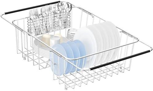 YZPGBT Large Dish Drying Rack in Sink Expandable, Adjustable304 Stainless Steel Metal Dish DrainerRack Organizer with Stainless Steel Utensil Holder Over Inside Sink Counter, Rustproof