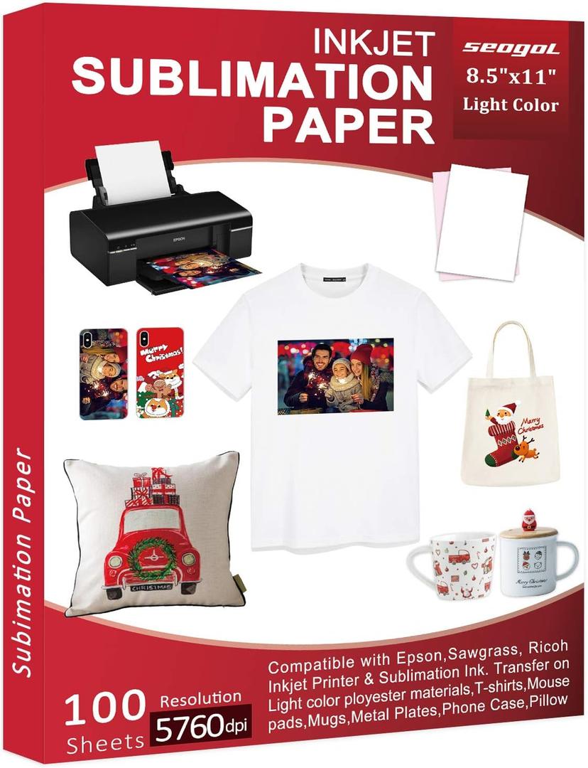 Sublimation Paper 100 Sheets 8.5 x 11 Inches 125gsm, for Any Inkjet Printer with Sublimation Ink Epson, Sawgrass, Heat Transfer Sublimation for Mugs T-shirts Light Fabric