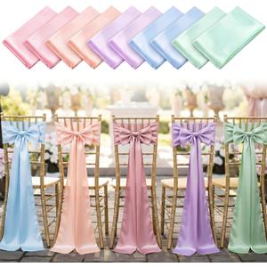 Tegeme 10 Pcs Pastel Chair Sashes Bows Satins Soft Chair Ribbon Sashes Wedding Aisle Church Bows Decor for Wedding Banquet Party Easter Garden Events Decoration (5 Colors,7" X 108")