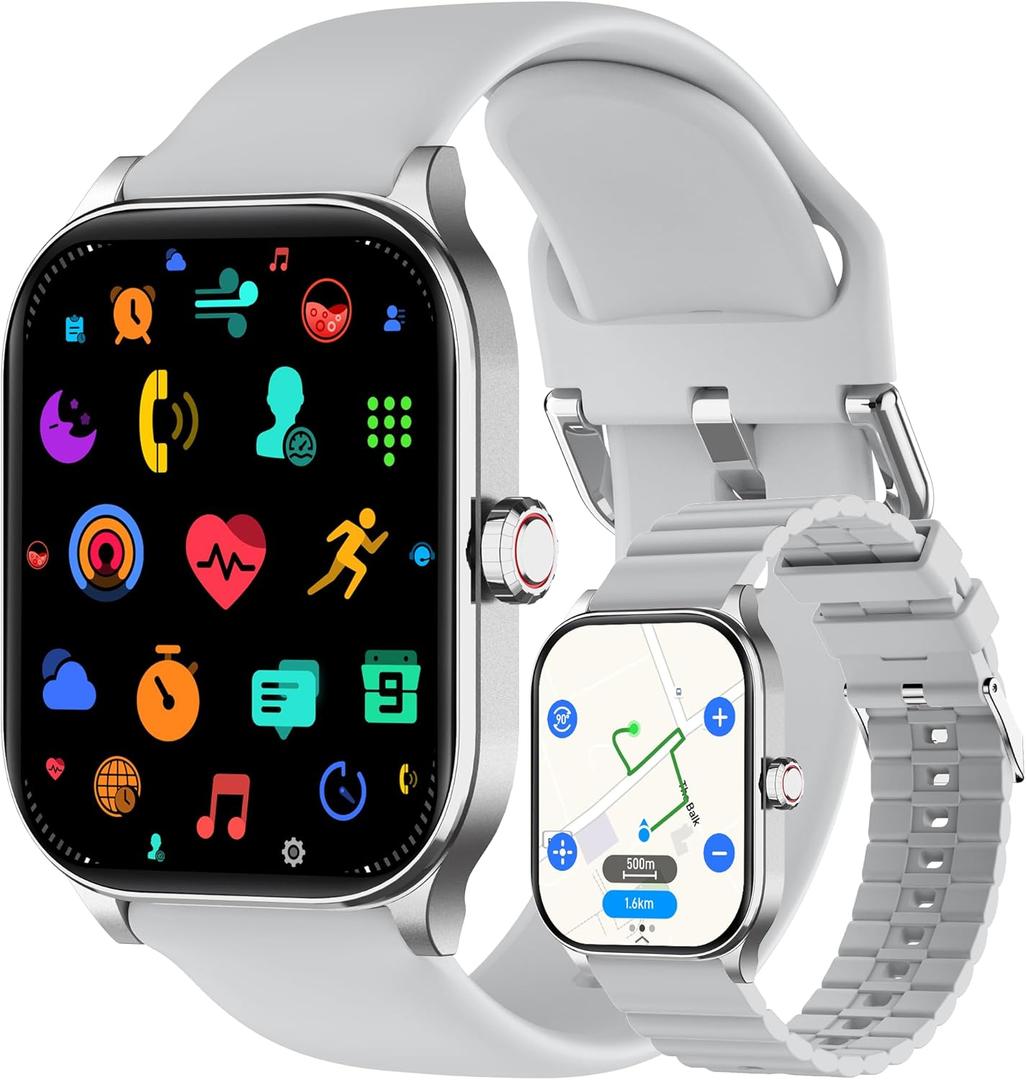 Smart Watch, GPS & Free Maps, 1.96" HD Screen, AI, Bluetooth Call & Text, Health, Fitness & 24/7 Sleep Tracker, 100+ Workout Modes, 5 ATM Water-Resistance, for Men & Women, Android & iOS, 2 Bands