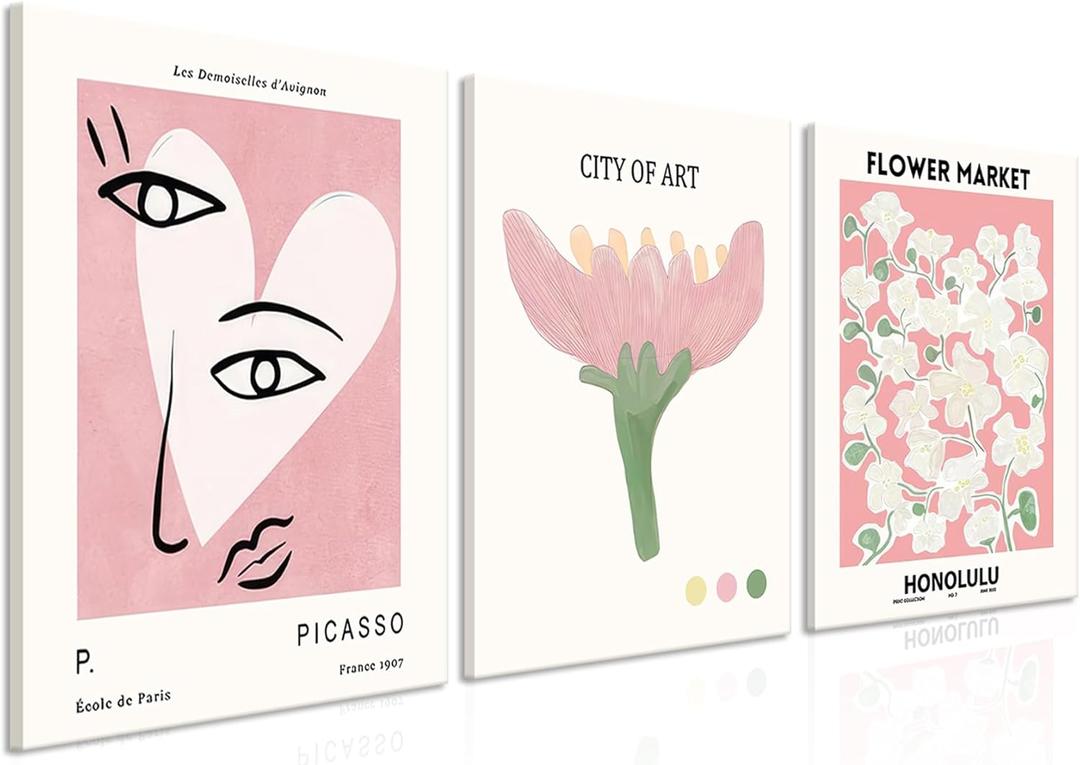 Picasso Canvas Wall Art Set of 3, Pink Wall Decor Posters for Room Aesthetic, Abstract Pink Room Decor Floral Prints for Living Room, Bedroom, Gallery Decor - 12x16 in Framed