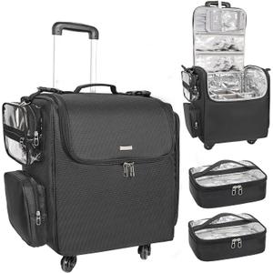 Relavel Rolling Makeup Train Case, Hairstylist Traveling Bag with 4 Wheels, Heat Insulation Full Layer, Adjustable Dividers, Hair Tools and Cosmetics Storage Organizer Trolley Suitcase Makeup Cart