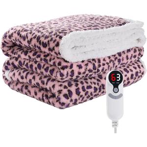 Electric Heated Blanket Throw Size 50"x60" with 9 Heating Levels & 1-10 Hs auto Off, Heating Throw Double Sided Sherpa, Energy Efficient, Machine Washable, Leopard Print Pink & Purple