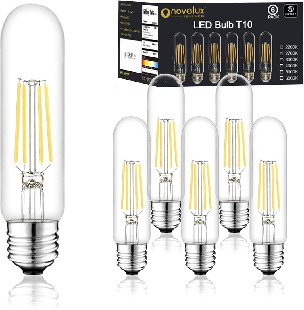 5 Inch Edison Bulb, 6000K Cool White E26 Led Bulb 6W Dimmable, 800LM T10 T9 Bulb Clear Glass Tubular Light Bulbs, AC 120V Equal 80 Watt Bulbs for Chandelier Pendant Wall Light - 6Pack