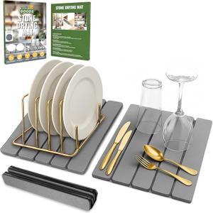 Large Foldable Stone Dish Drying Mat  Diatomaceous Earth, 12"x16" Each or 24"x16" Combined  Fast Dry, Anti-Slip Pad, Sanding Tool & Instruction Manual for Kitchen, Bathroom or RV (2-Pack)