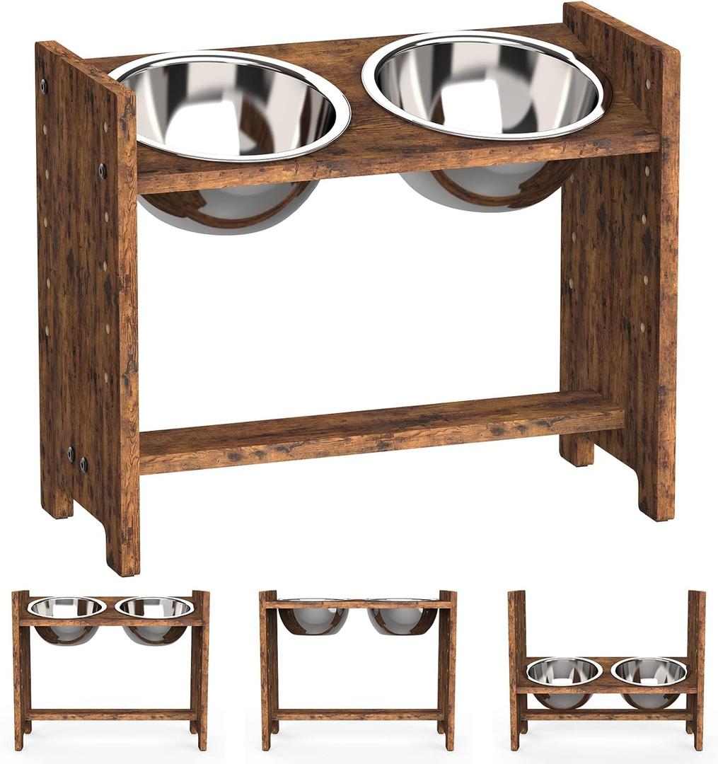 Vantic Elevated Dog Bowls, Adjustable Raised Dog Bowl Stand for Large and XLarge Pet, Sturdy Particle Board Food Feeder with 2 Stainless Steel Dishes, Rustic Brown (for Large Dogs)